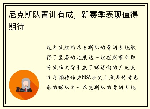 尼克斯队青训有成，新赛季表现值得期待